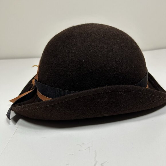 Vtg Lancaster Hat Brown Swagger Felt 100% Wool Slopping Brim Fedora Hat Feather